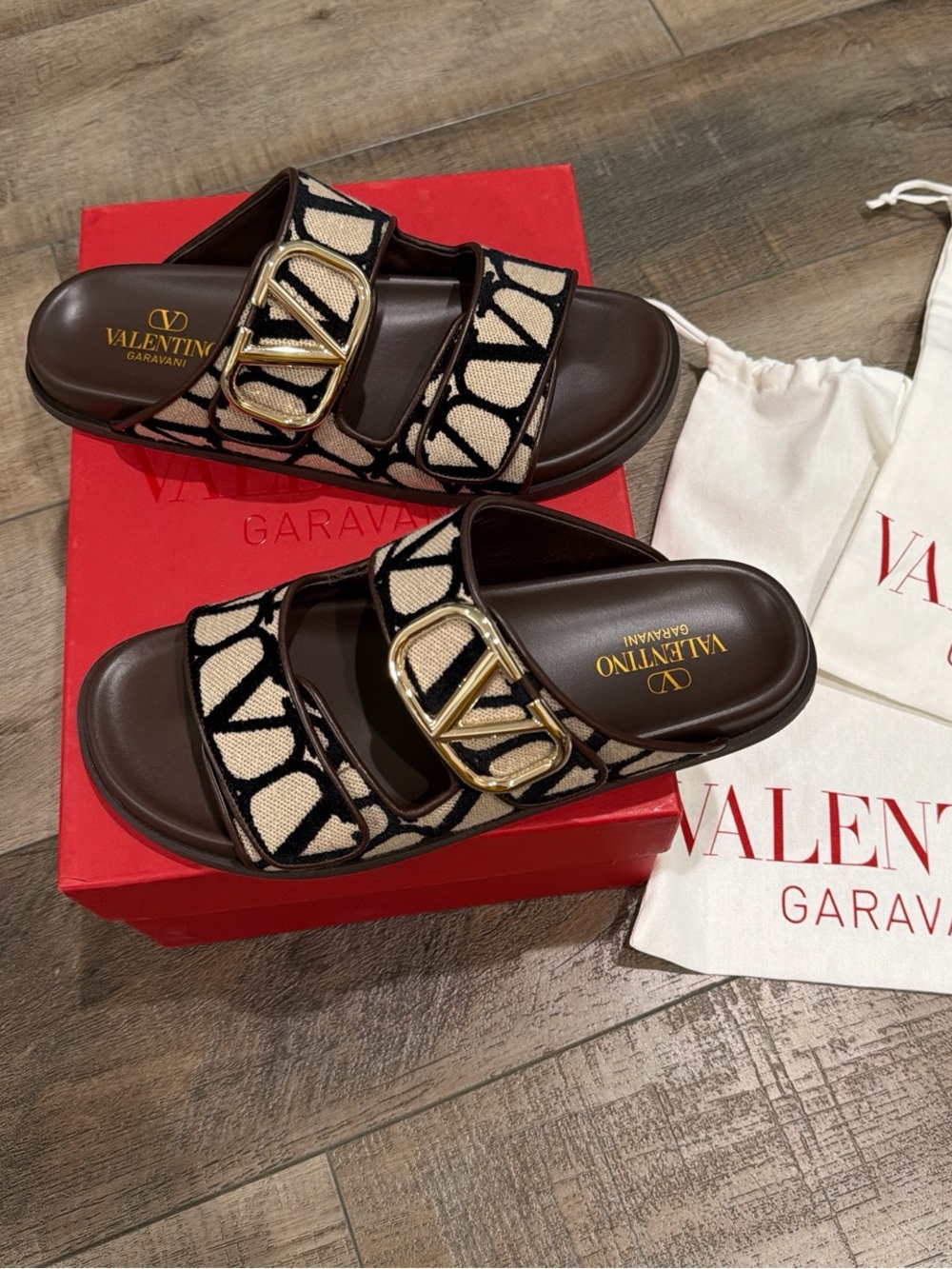 Valentino Garavani brown and beige double strap V logo sandal slides - Picture 2 of 9